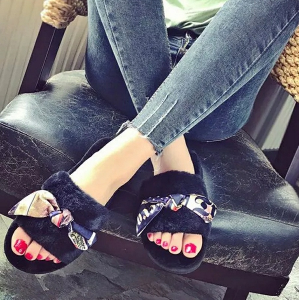 Navy Blue Fuzzy Fur Slippers